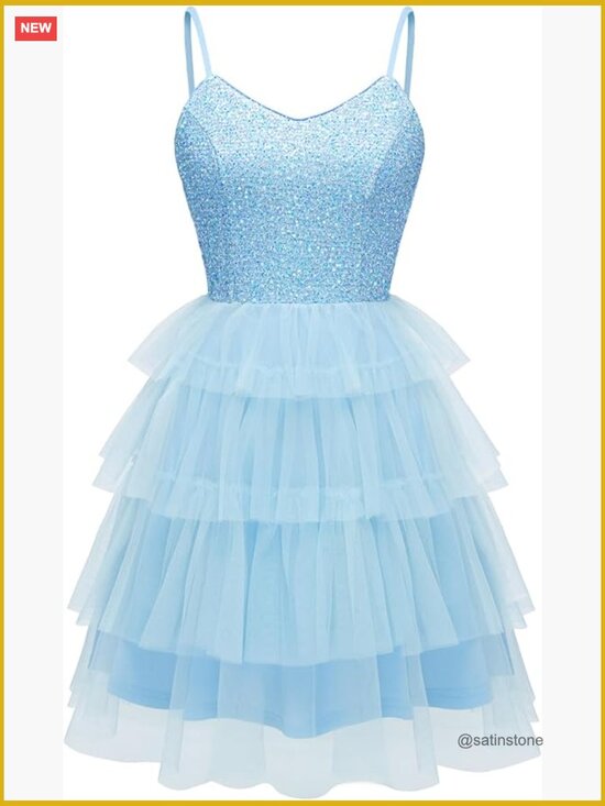 Dresses & Skirts - Glitter Sequin Tulle Tiered Mini Party Dress with Spaghetti Straps